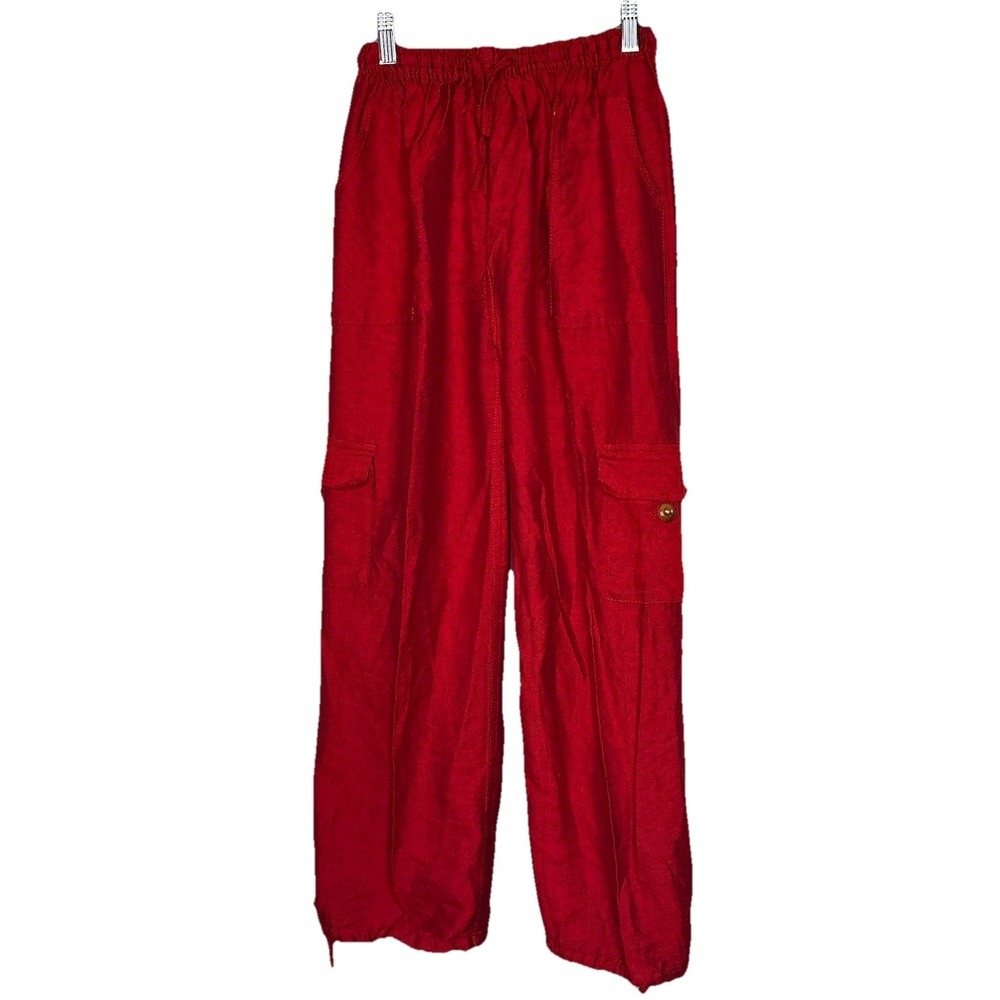 Red Cargo Pants Small Red Cotton Parachute Jogger Drawstring Hem Peru Casual